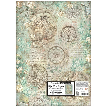Papier de riz imprimé pour loisirs créatifs 50X70 cm - Jardins du temps, horloges et roses