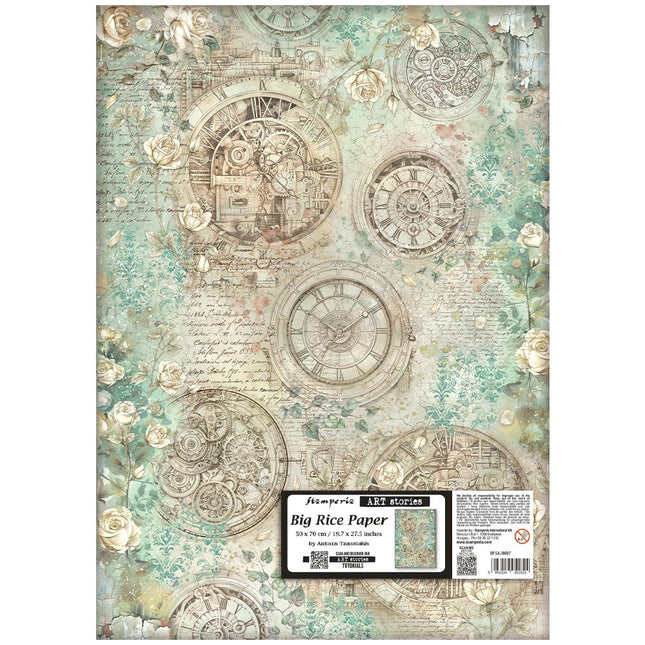 Papier de riz imprimé pour loisirs créatifs 50X70 cm - Jardins du temps, horloges et roses