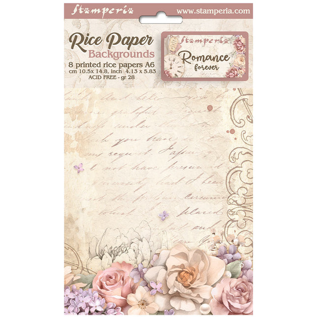 Sélection de 8 fonds en papier de riz A6 - Romance Forever
