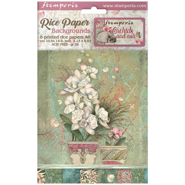 Sélection de 8 fonds en papier de riz A6 - Orchidées et chats