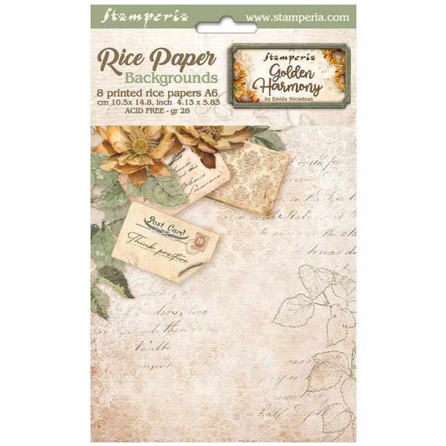 Sélection de 8 papiers de riz A6 pour fonds - Harmonie dorée