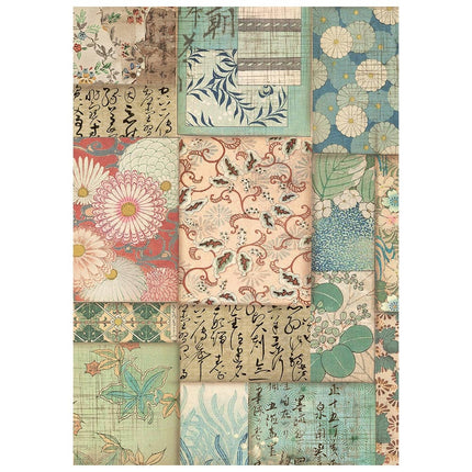 Sélection de 8 papiers de riz imprimés A6 à motifs de fond pour loisirs créatifs - Oriental Garden