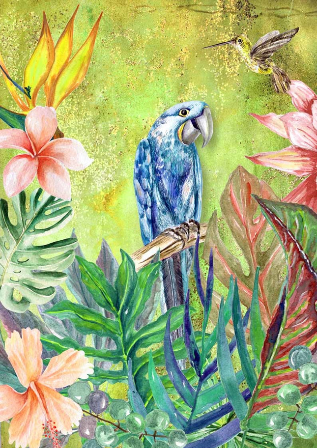 Papier de riz A4 Oiseau bleu tropical sur fond vert