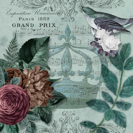 Papier de riz A4 Musique royale, oiseau bleu et fleurs avec couronne