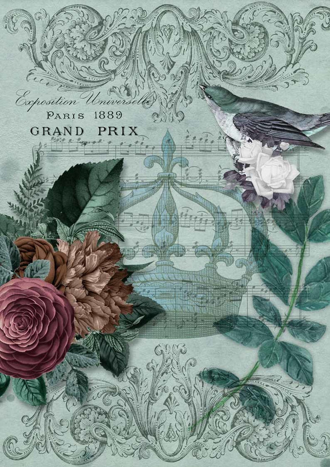 Papier de riz A4 Musique royale, oiseau bleu et fleurs avec couronne