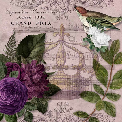 Papier de riz A4 Musique royale, oiseau violet et fleurs avec couronne