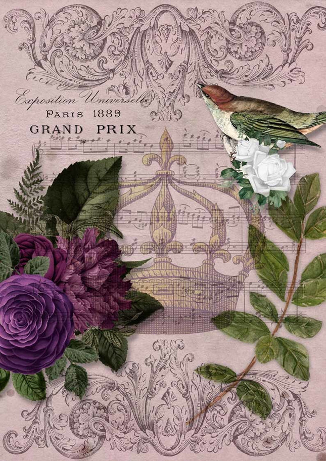 Papier de riz A4 Musique royale, oiseau violet et fleurs avec couronne