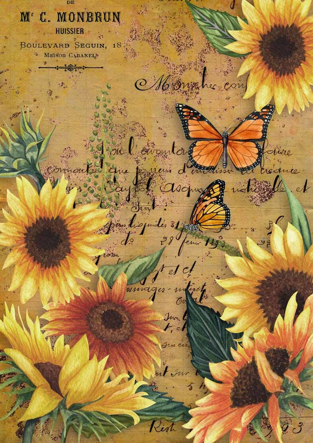 Papier de riz A4 Tournesols et papillon monarque