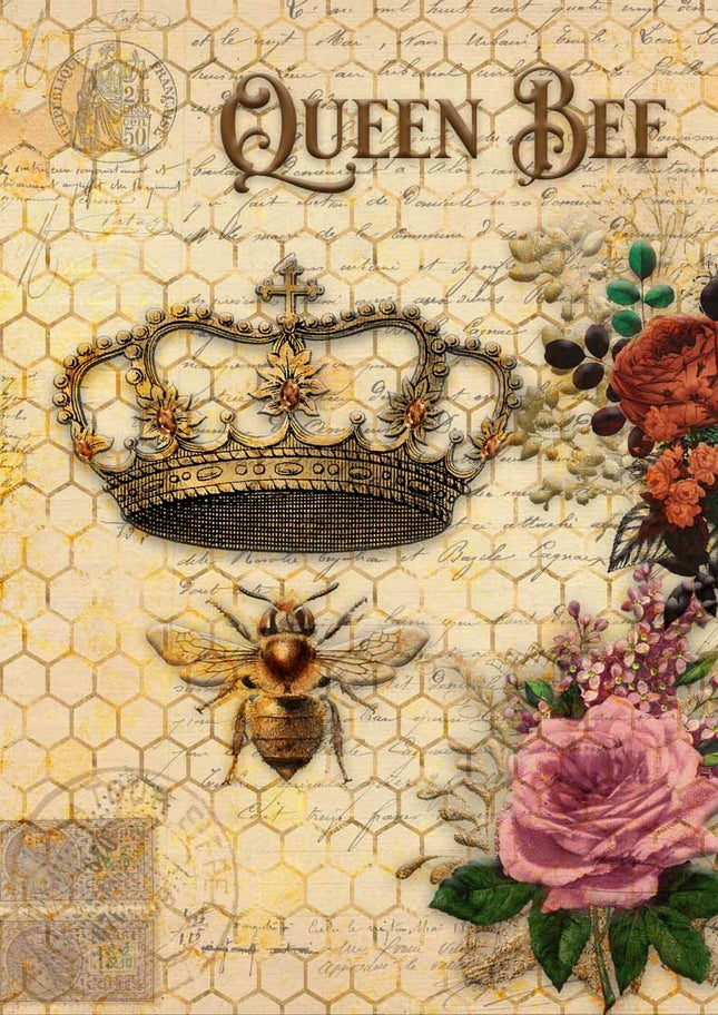 Papier de riz A3 Reine des abeilles et roses avec alvéoles