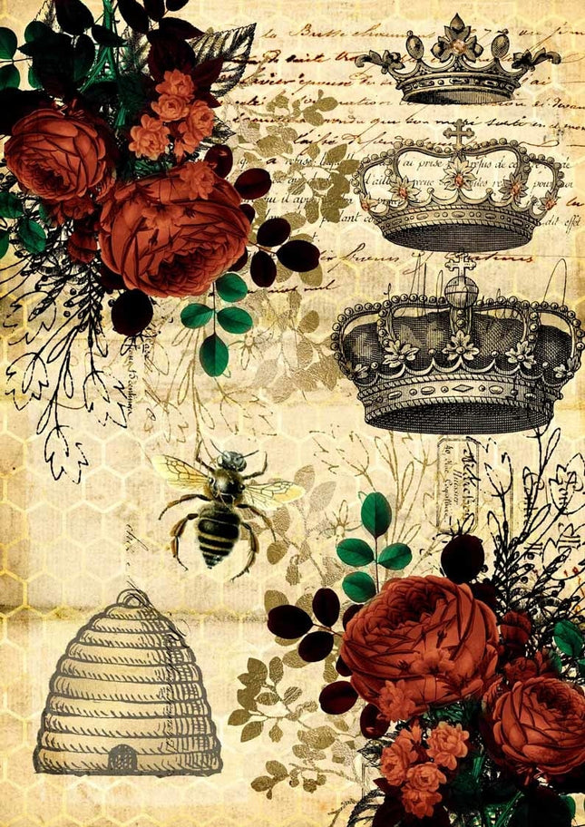Papier de riz A4 Reine des abeilles et roses rouges avec ruche