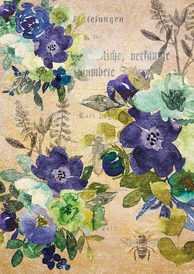 Papier de riz A4 Motif floral aquarellé bleu et vert