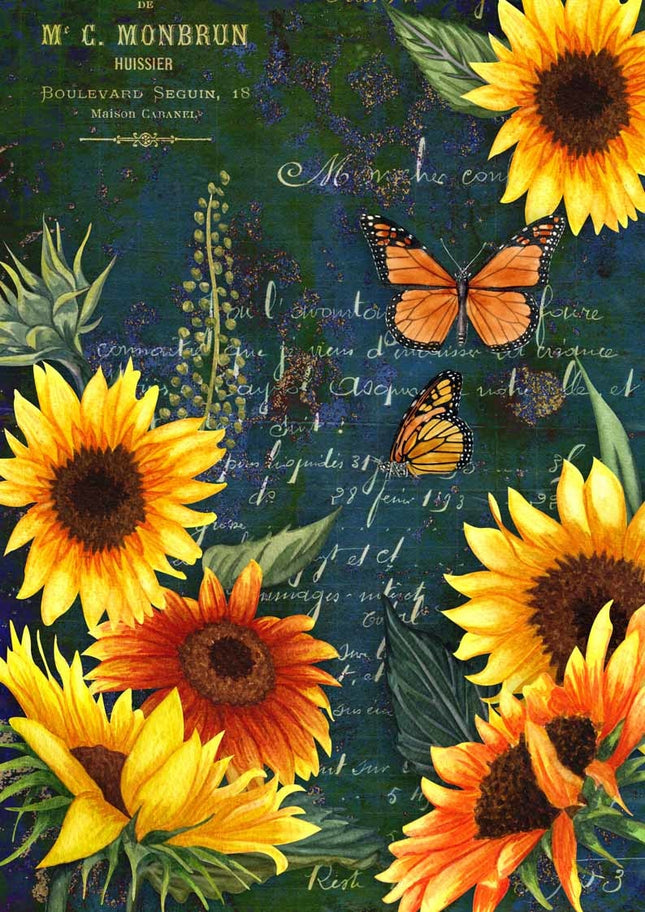 Papier de riz A4 Tournesols et papillon vert monarque