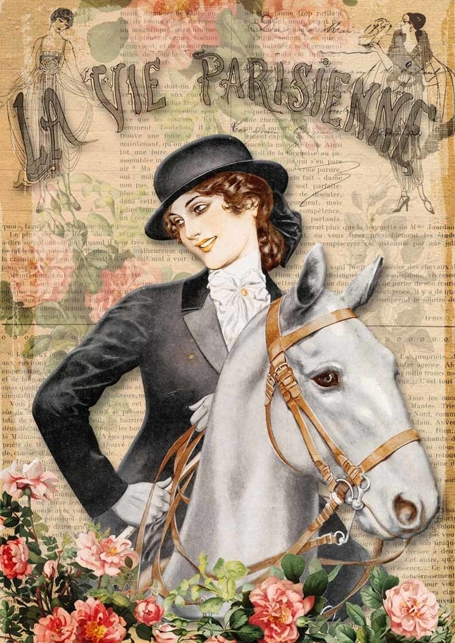 Papier de riz A4 La Vie Parisienne, jeune fille avec un cheval