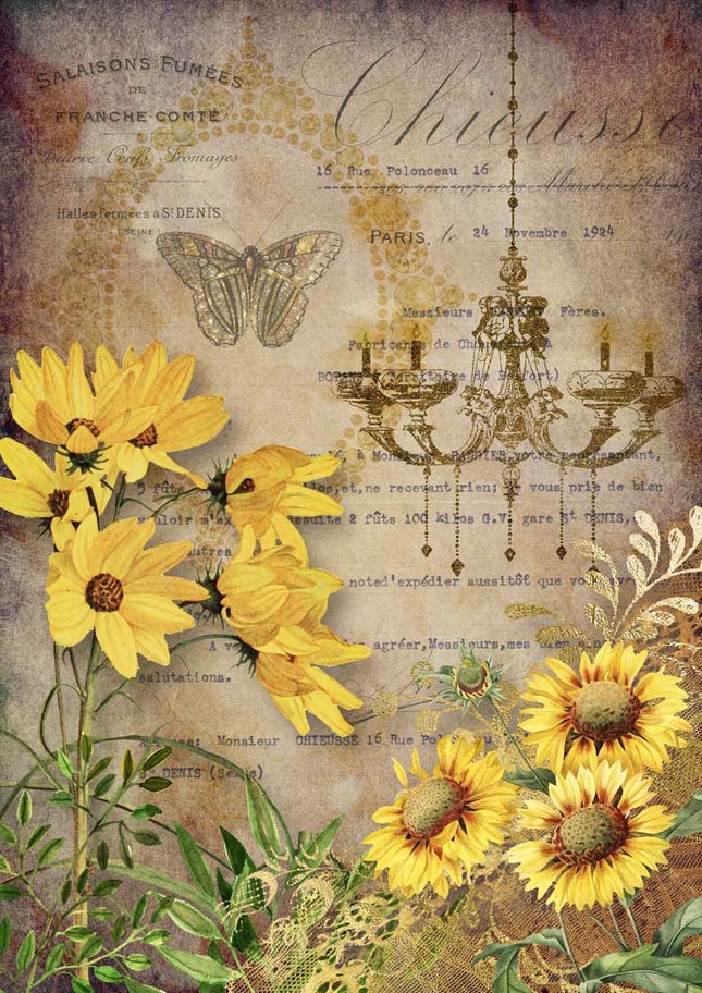 Papier de riz A4 Élégants tournesols avec lustre
