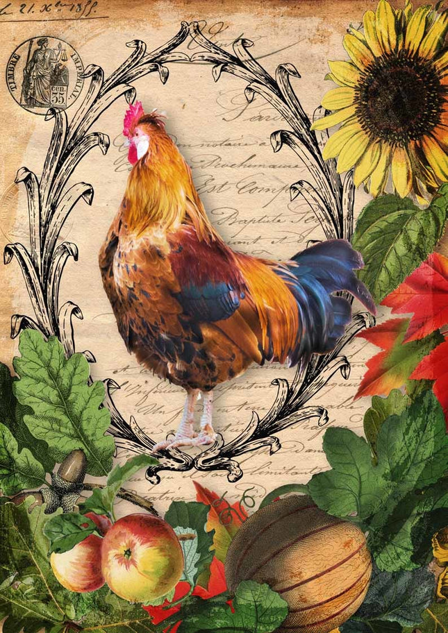 Coq d’automne et légumes de récolte sur papier de riz A4