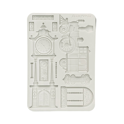 Moule en silicone, motifs A5, pour loisirs créatifs - Jardins du temps, train et horloge comtoise