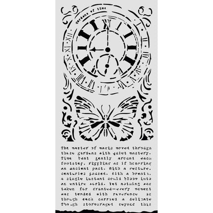 Pochoir découpé au laser pour loisirs créatifs 12X25 cm - Jardins du temps, horloge et papillon