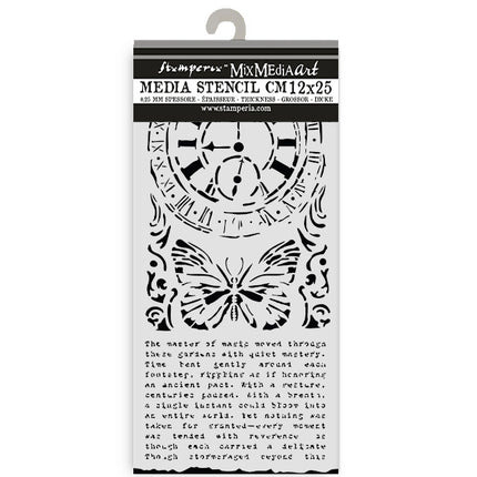 Pochoir découpé au laser pour loisirs créatifs 12X25 cm - Jardins du temps, horloge et papillon