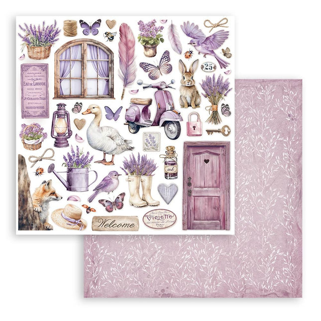Papier de scrapbooking recto verso - éléments lavande