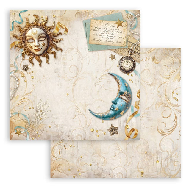 Papier de scrapbooking recto verso - Soleil et lune de bal masqué