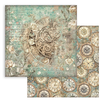 Feuille de scrapbooking imprimée recto verso pour loisirs créatifs - Gardens of Time, horloge et roses
