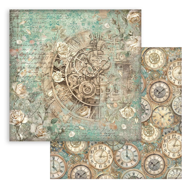 Feuille de scrapbooking imprimée recto verso pour loisirs créatifs - Gardens of Time, horloge et roses