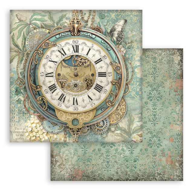 Feuille de scrapbooking imprimée recto verso pour les loisirs créatifs - Grande horloge des Jardins du Temps