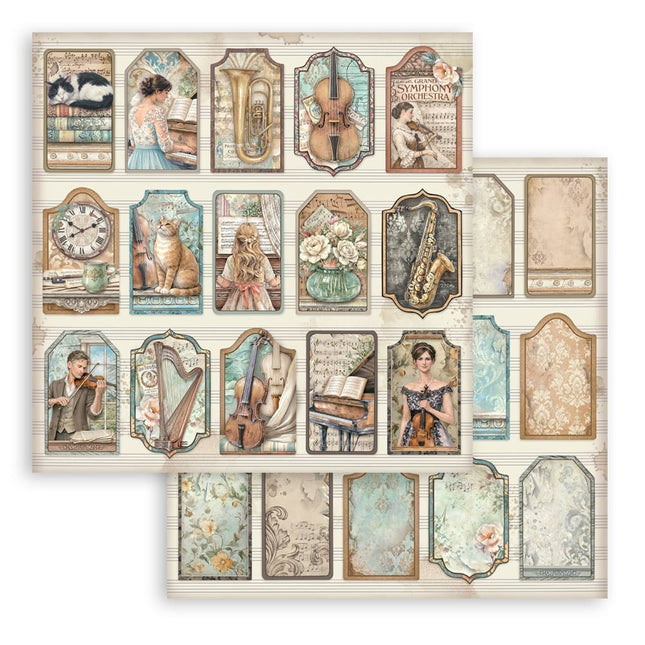 Feuille de scrapbooking imprimée recto verso pour loisirs créatifs - étiquettes Symphony