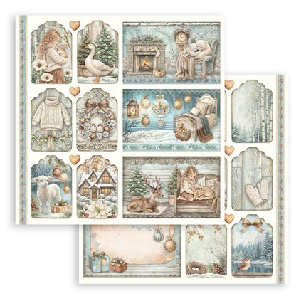 Feuille de scrapbooking imprimée recto verso pour loisirs créatifs - White Christmas cartes et étiquettes assorties