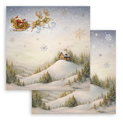 Feuille de scrapbooking imprimée recto verso pour loisirs créatifs - traîneau du Père Noël Silent Night
