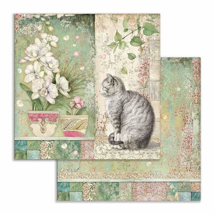 Papier de scrapbooking double face Chat et vase