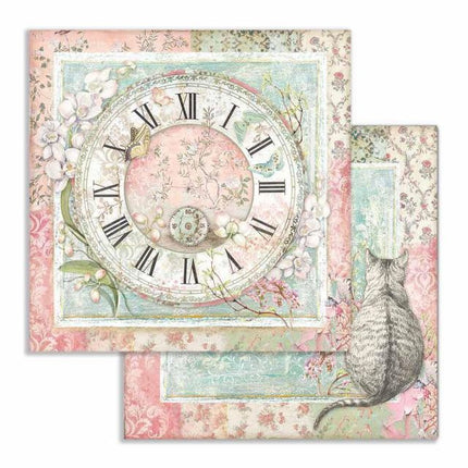 Papier de scrapbooking recto verso Horloge et chat