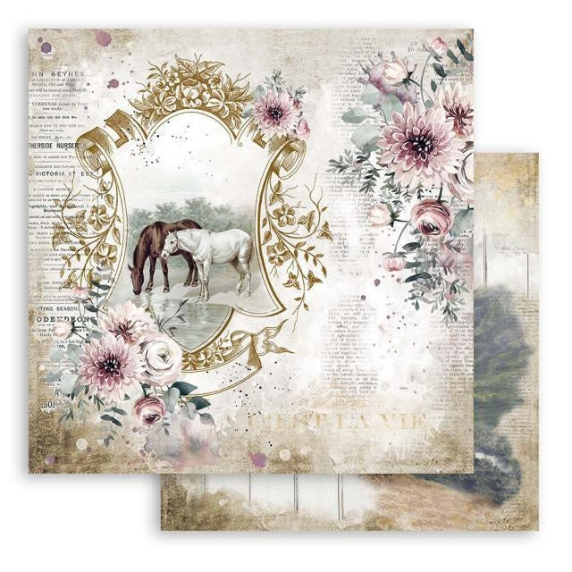 Papier de scrapbooking double face - Chevaux romantiques, lac