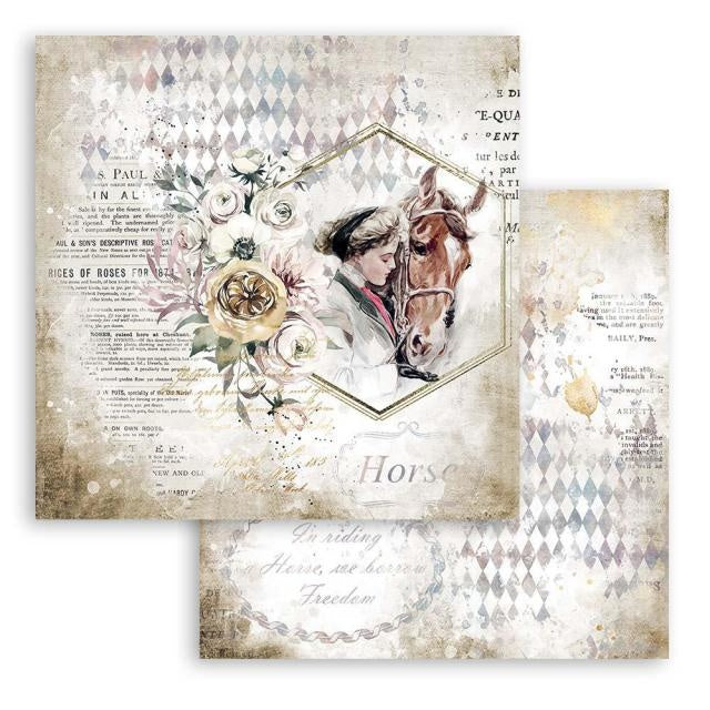 Papier de scrapbooking recto verso - Chevaux romantiques dame avec cheval