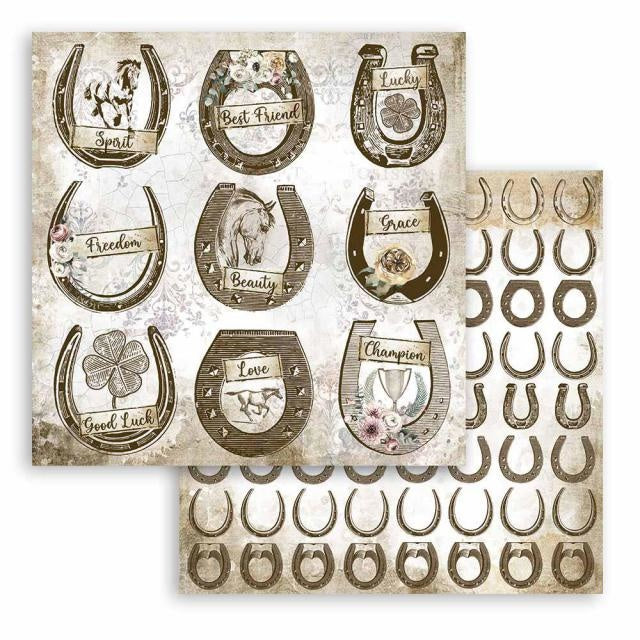 Papier de scrapbooking recto verso - Chevaux romantiques fer à cheval