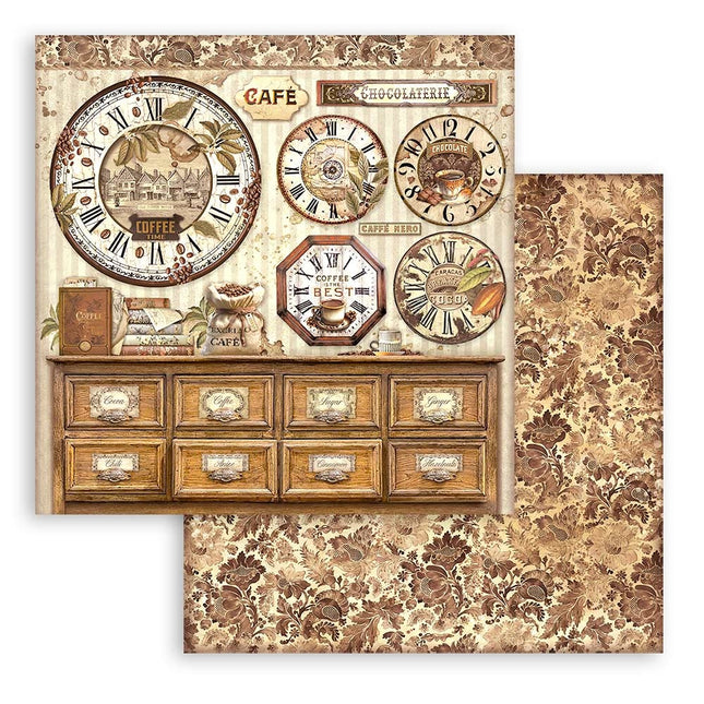 Papier de scrapbooking recto verso - Horloges Coffee and Chocolate