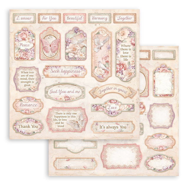 Papier de scrapbooking recto verso - Romance Forever, étiquettes