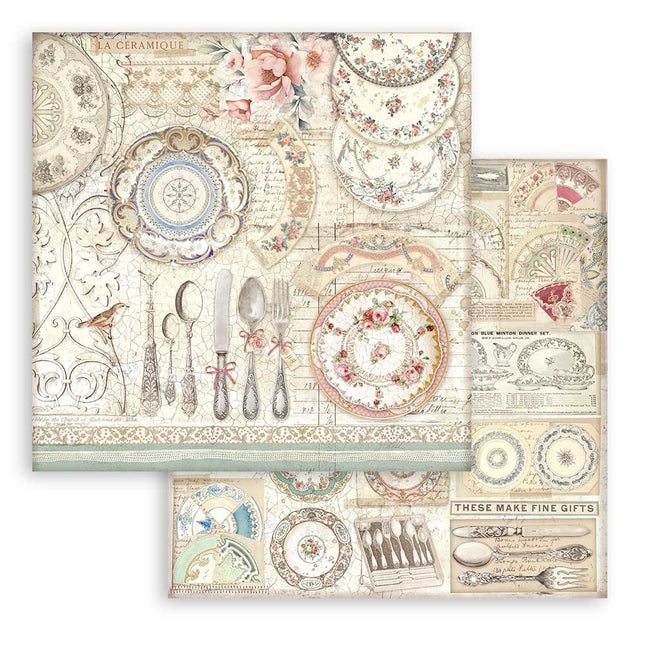 Papier de scrapbooking recto verso - Brocante Antiques assiettes en céramique