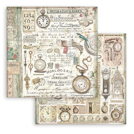 Papier de scrapbooking recto verso - Brocante Antiques horloges