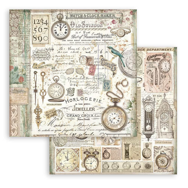 Papier de scrapbooking recto verso - Brocante Antiques horloges