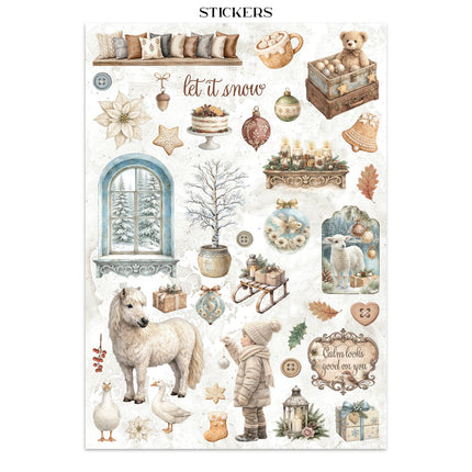 Junk journal artistique imprimé : autocollants, découpes, arrière-plans pour loisirs créatifs - White Christmas